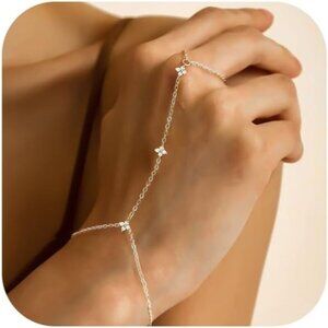 Sterling Silver SL-round Clover Link Chain Ring Bracelet Hand Chain for Women